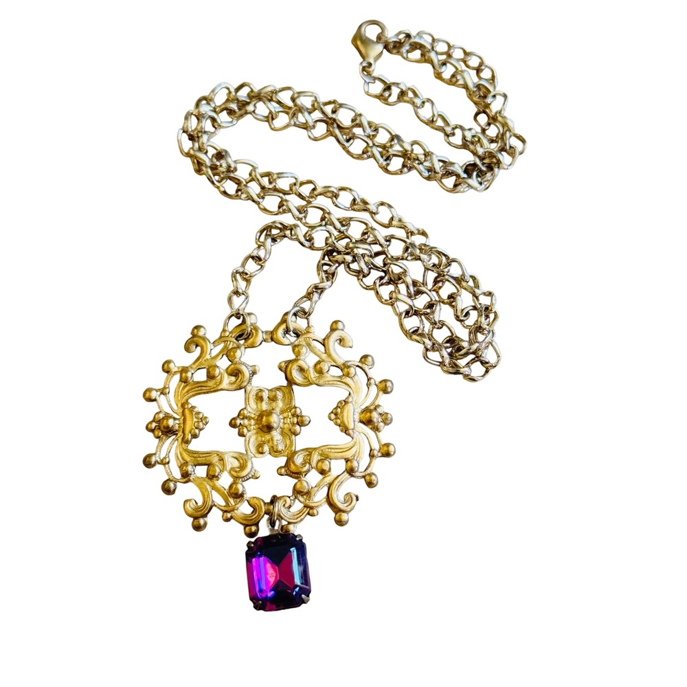 VTG Motif‎ Necklace Regal Victorian Style Rhinestone Statement Gold Collar 60s